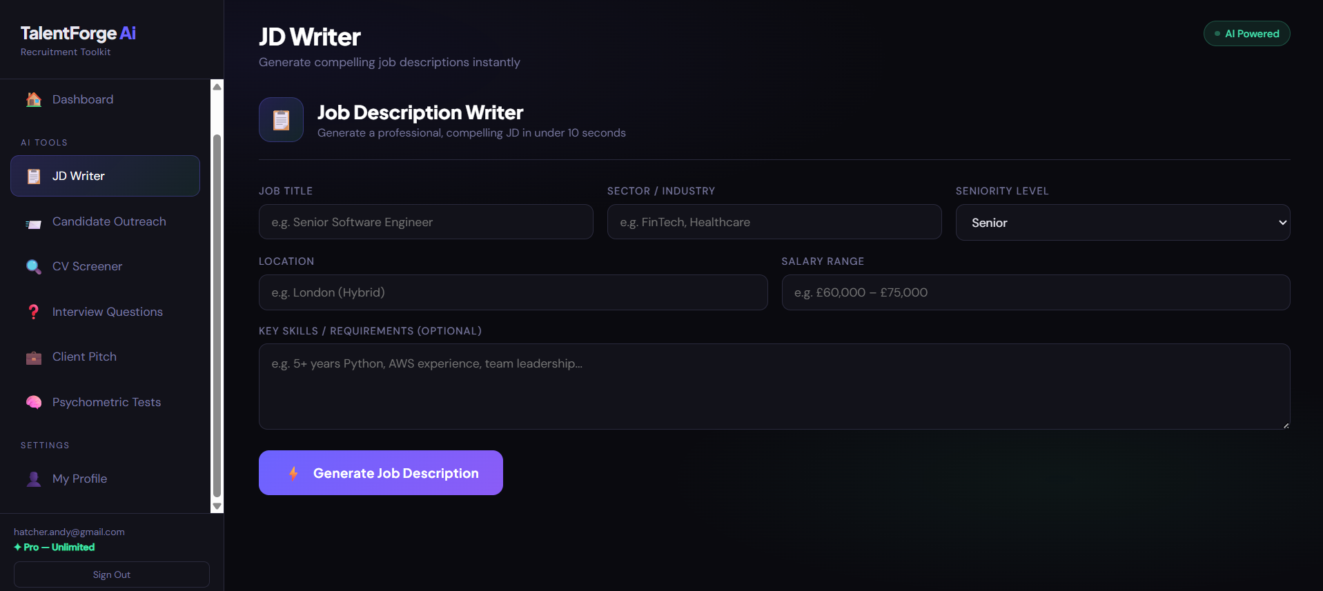 Talent Forge AI Recruitment Toolkit — six tools in one dashboard